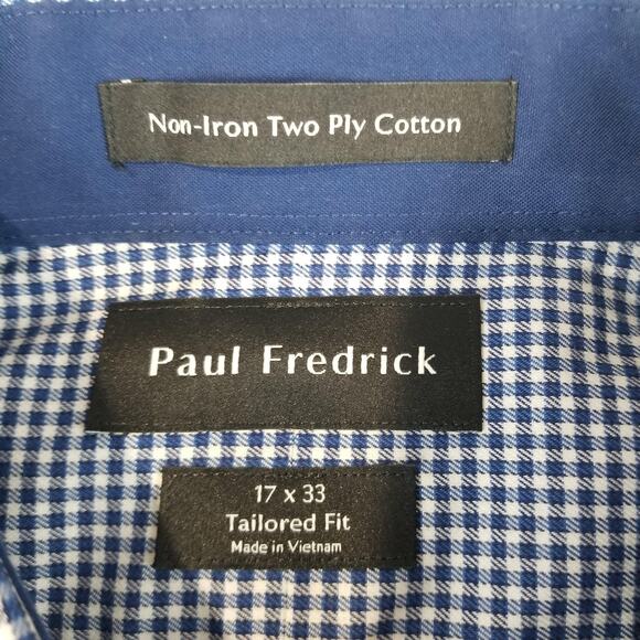 Paul Fredrick Shirt Mens 17x33 Blue White Check Tailored Fit Non Iron Cotton - Picture 5 of 10